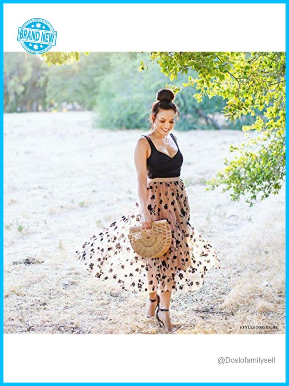3D Posy Double-Layered Mesh Midi Skirt - Romantic Floral High Rise A-Line - Picture 2 of 7